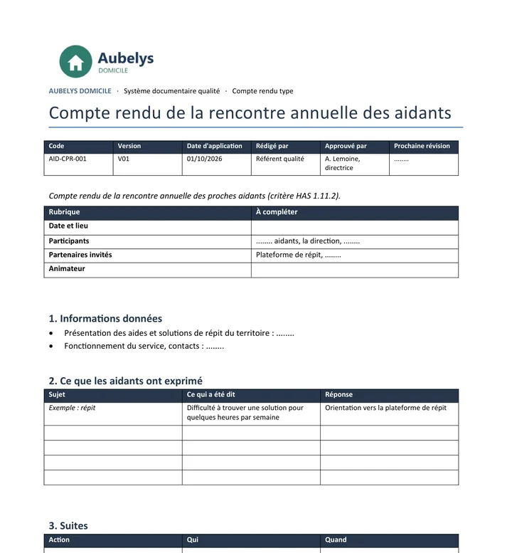 Compte rendu type de la rencontre annuelle des aidants, avec champs à compléter et historique des versions