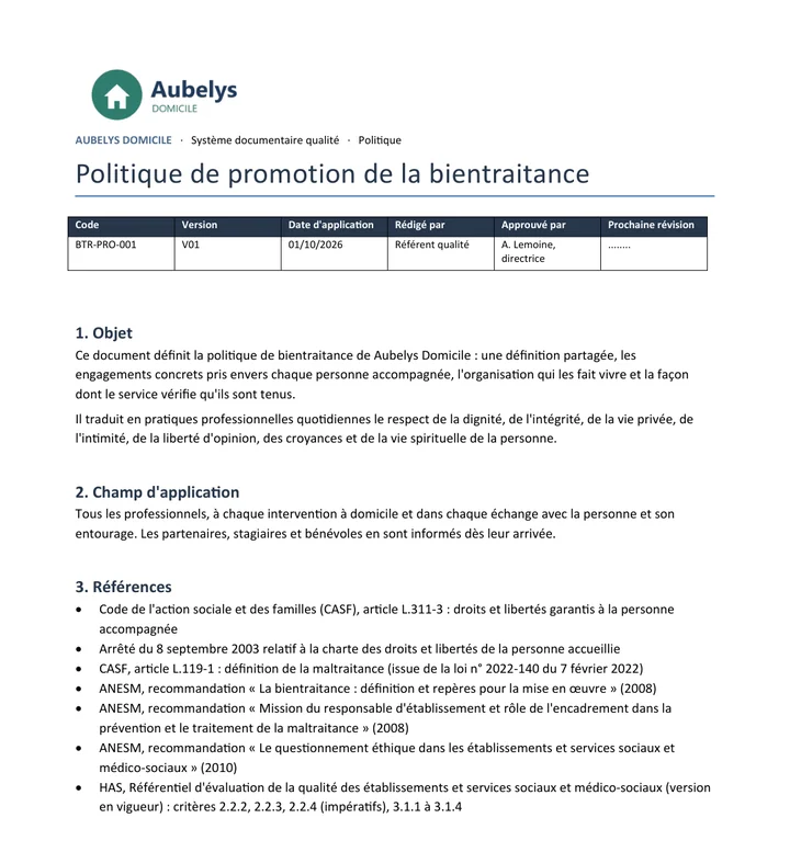 Première page de la politique de promotion de la bientraitance, au nom et au logo de la structure
